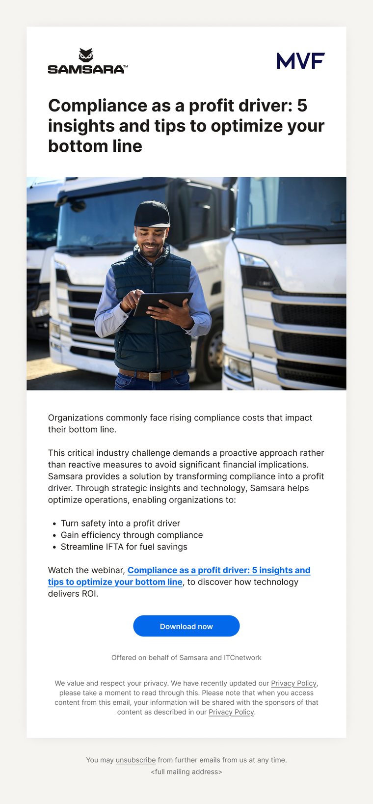 Samsara program email titled Compliance as a profit driver, with a Download now button.
