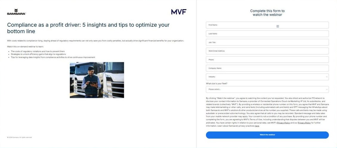 Program landing page: the asset on the left, a form capturing name, job title, work email, phone, company, industry and fleet size on the right.